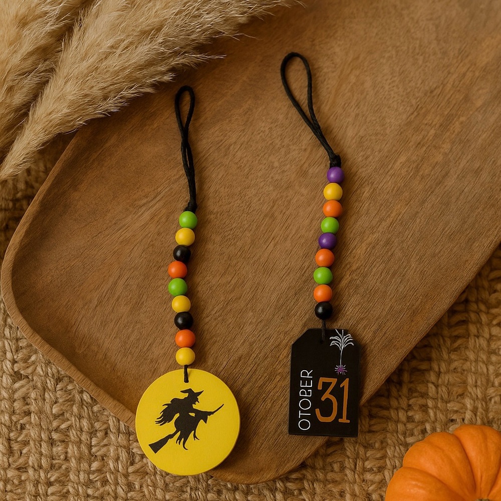 174. 🐣 Halloween Hanging Beaded Decor – Witch & October 31 – Set of 2 – NWOT